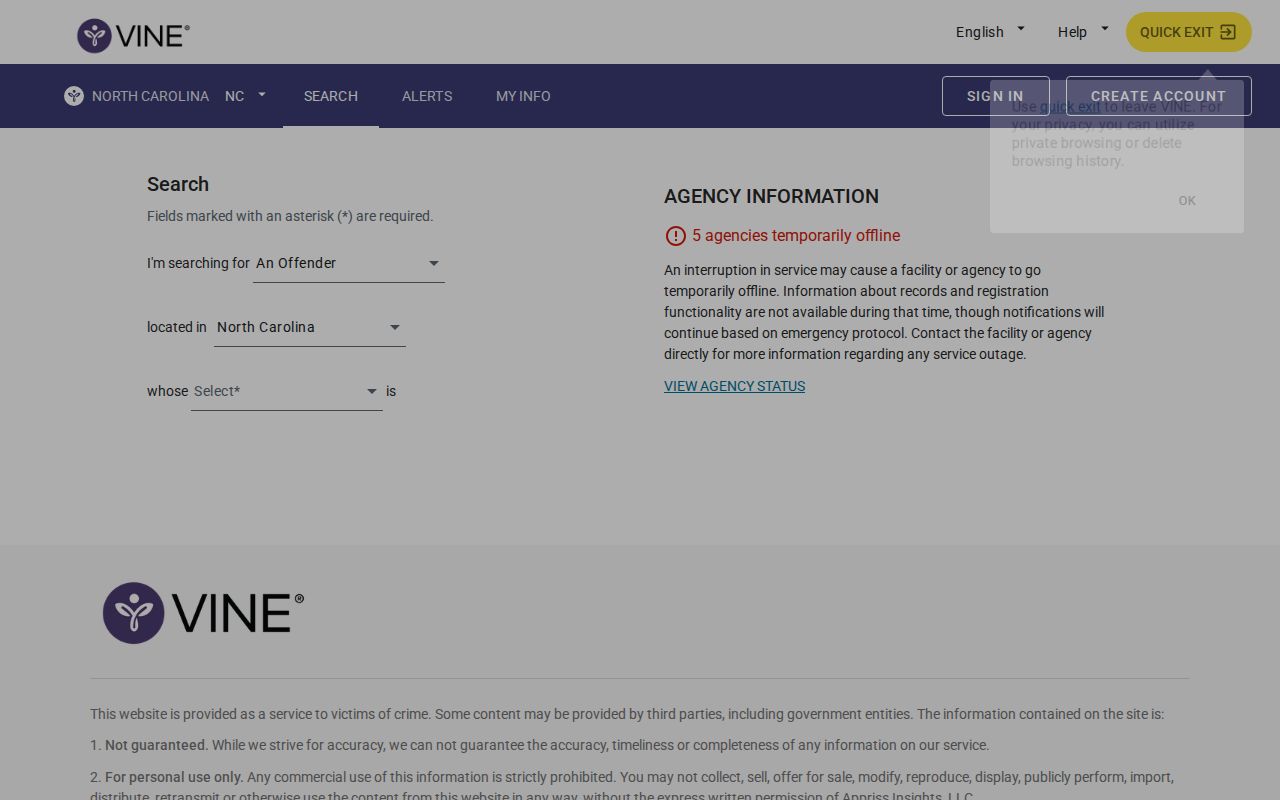 North Carolina VINELink state search for Wayne County release alerts